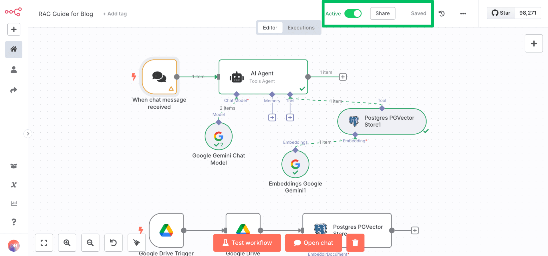 Saving and activating the chat workflow in n8n