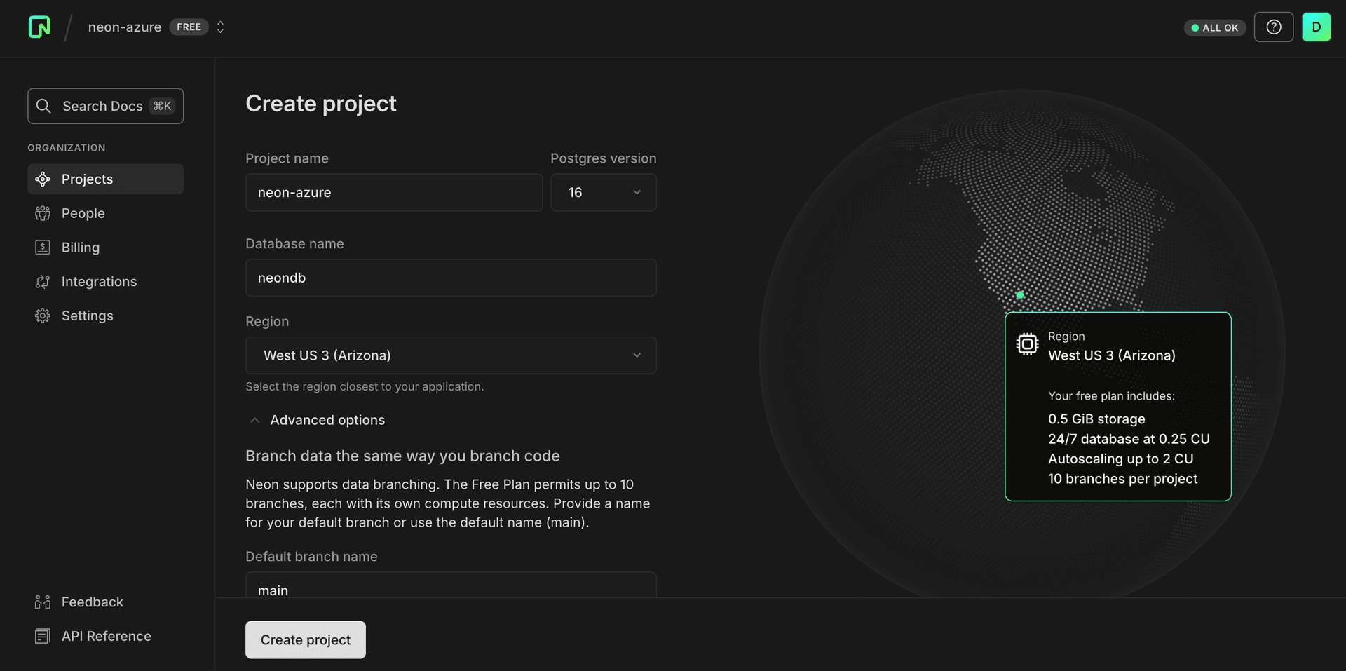 Neon Azure Create Project