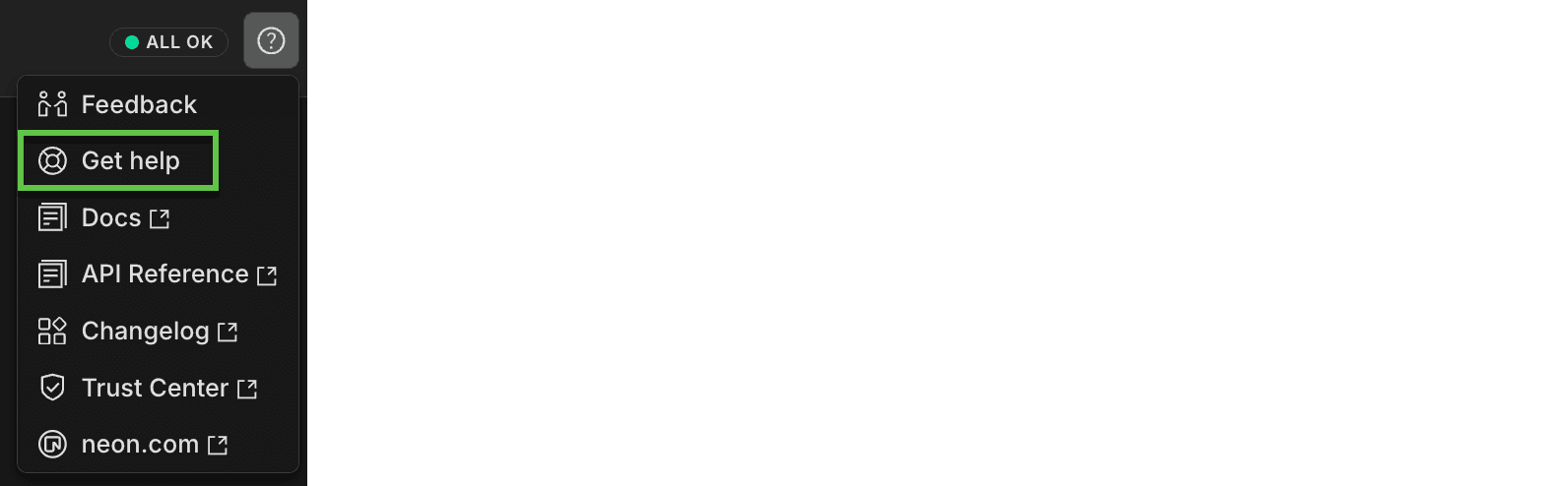 Get help option in Neon Console