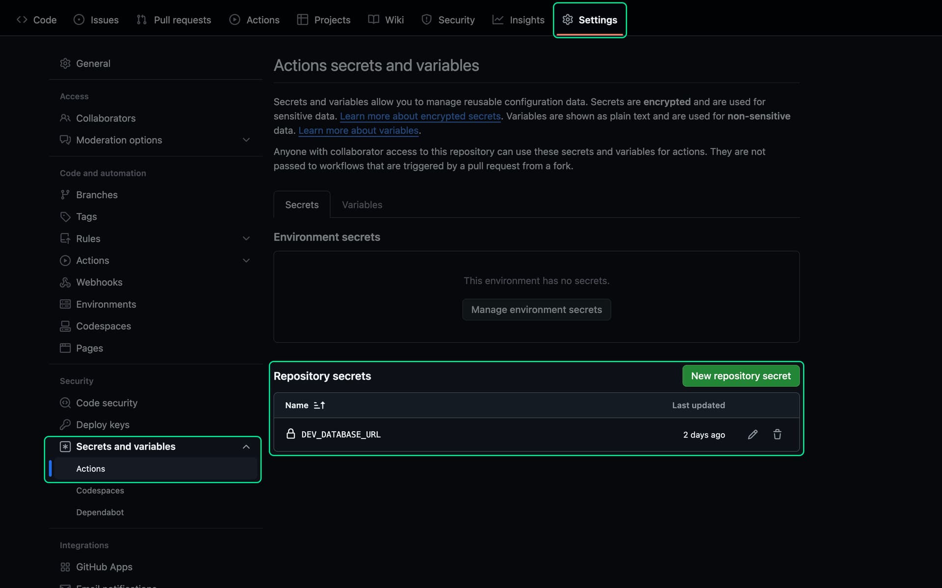 Screenshot of GitHub - Repository secrets